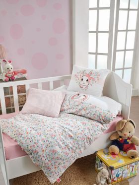 Lenjerie de pat pentru copii, 4 piese, 100x150 cm, 100% bumbac ranforce, Cotton Box, Bunny, roz