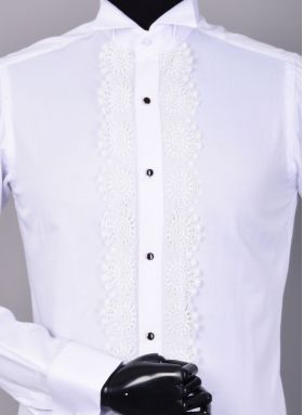 Camasa alba slim-fit, de ceremonie cu butoni, pentru papion ginere/nas - CM280