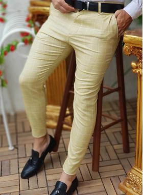 Pantaloni de barbati, Slim Fit, galben pal in carouri - PN350