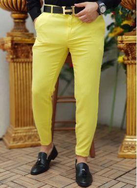 Pantaloni eleganti de barbati, Slim Fit, Galben lemon, Elastici, Conici - PN340