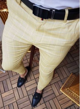 Pantaloni de barbati, Slim Fit, galben pal in carouri - PN350