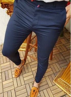 Pantaloni Guston de barbati, Slim Fit, Bleumarin inchis, Elastici si conici - PN343