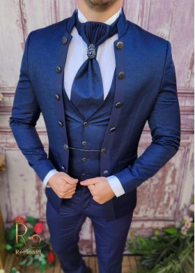 Costum de ceremonie, Bleumarin, Slim Fit, Sacou, Vesta, Pantalon si Cravata - C3956