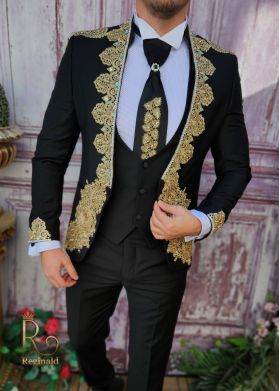 Costum de ceremonie, Negru cu broderie, Slim Fit, Sacou, Vesta, Pantalon si Cravata - C3950