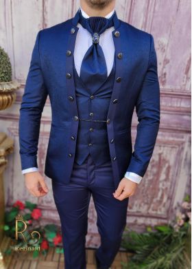 Costum de ceremonie, Bleumarin, Slim Fit, Sacou, Vesta, Pantalon si Cravata - C3956