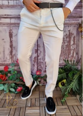 Pantaloni Albi de bărbați, Casual Slim Fit, Conici cu lanț – PN702