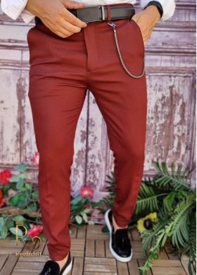 Pantaloni Bordeaux de bărbați, Casual Slim Fit, Conici cu lanț – PN701