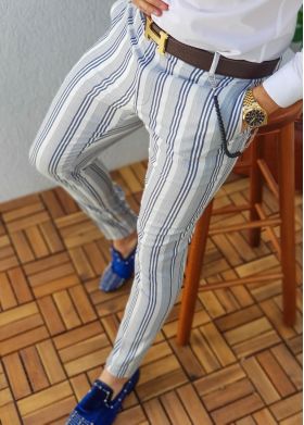 Pantaloni eleganți de bărbați, Albi in dungi bleumarin, Slim Fit, Conici - PN211