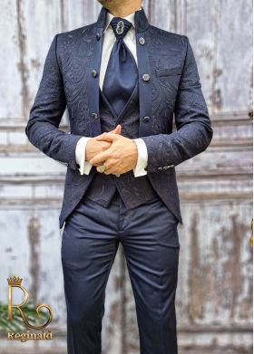 Costum de ceremonie ginere/mire, Slim Fit, bleumarin, Sacou-Vesta-Pantalon-Cravata, Colectia 2021 - C1720