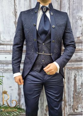 Costum de ceremonie ginere/mire, Slim Fit, bleumarin, Sacou-Vesta-Pantalon-Cravata, Colectia 2021 - C1720