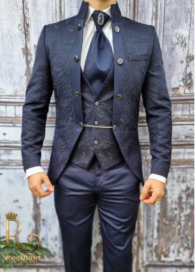 Costum de ceremonie ginere/mire, Slim Fit, bleumarin, Sacou-Vesta-Pantalon-Cravata, Colectia 2021 - C1720