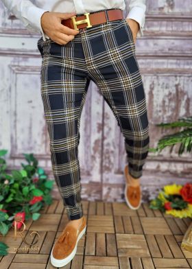 Pantaloni eleganți de bărbați, Bleumarin in carouri, Croiala Slim Fit - PN594