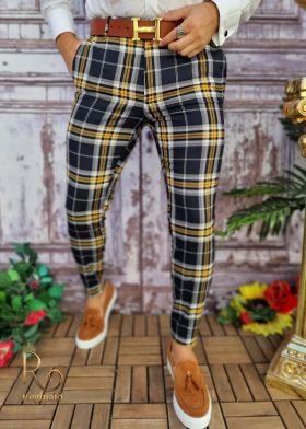 Pantaloni eleganți de bărbați, Bleumarin cu dungi galbene, Slim Fit - PN598