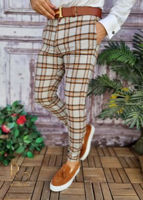 Pantaloni eleganti, bej in carouri maro, conici si elastici - PN562