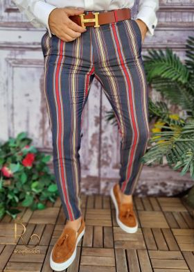 Pantaloni eleganti, bleumarin in dungi, conici si elastici - PN565