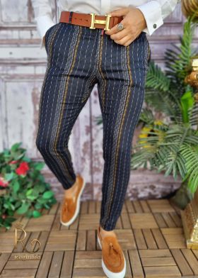 Pantaloni eleganti, bleumarin in dungi, conici si elastici - PN563