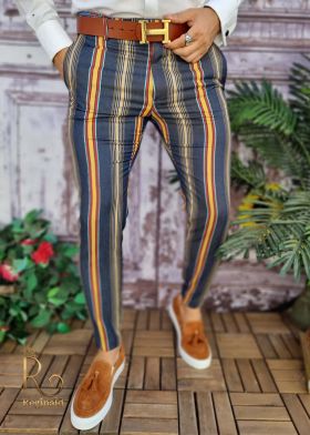 Pantaloni eleganti, bleumarin in dungi galbene, conici si elastici - PN567