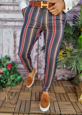 Pantaloni eleganti, bleumarin in dungi, conici si elastici - PN565