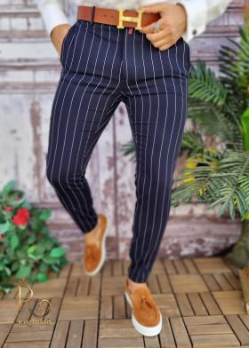 Pantaloni eleganți de bărbați, Slim Fit, Bleumarin in dungi - PN573