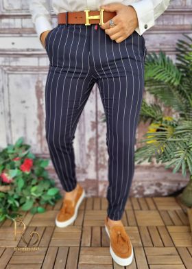 Pantaloni eleganți de bărbați, Slim Fit, Bleumarin in dungi - PN573