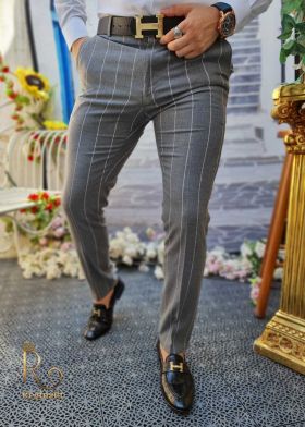 Pantaloni de barbati gri in dungi, croiala slim-fit, elastici si conici - PN527