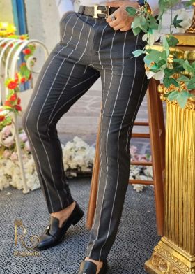 Pantaloni eleganți de bărbați, Slim Fit, Conici, Gri închis in dungi - PN537