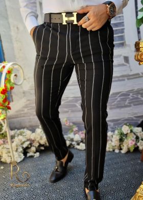 Pantaloni eleganți de bărbați, Slim Fit, Conici, Negru cu dungi - PN539