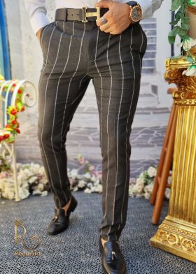 Pantaloni eleganți de bărbați, Slim Fit, Conici, Gri închis in dungi - PN537