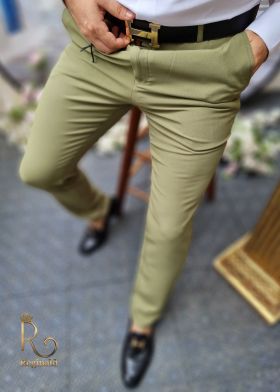 Pantaloni de barbati verde pal,croiala slim-fit, conici si elastici - PN551