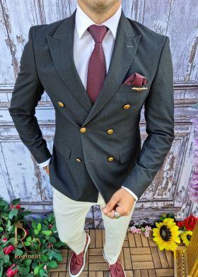 Sacou de barbati, Slim Fit, Blazer, gri inchis cu butoni metalici aurii - SC400