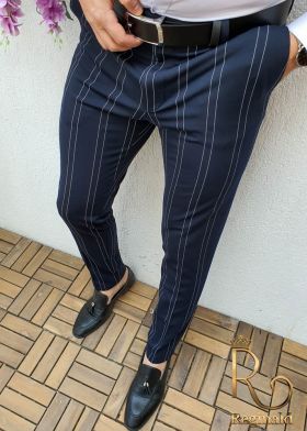 Pantaloni eleganți de bărbați, Slim Fit, Bleumarin cu dungi - PN413