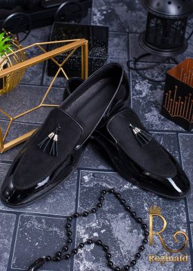 Pantofi barbati LOAFERS negri lacuiti cu piele intoarsa - P106