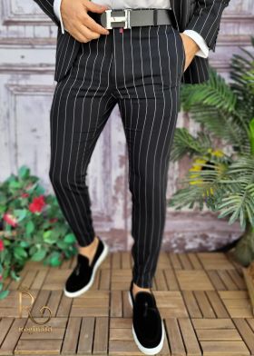 Pantaloni eleganti, negri in dungi, conici si elastici - PN574