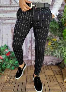 Pantaloni eleganti, negri in dungi, conici si elastici - PN574