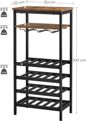 Dulap pentru sticle de vin Vasagle, 20 sticle, 50 x 32 x 100 cm, PAL/otel, maro rustic/negru