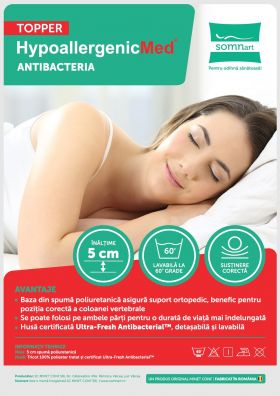 Topper HypoallergenicMed Antibacteria, 90x200x5, husa detasabila, lavabila si certificata Ultra-Fresh Antibacterial™