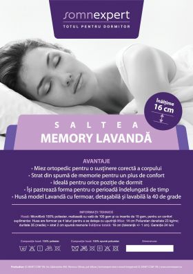 Saltea cu memorie Somnexpert Lavanda 180x200, înălțime 16 cm, ortopedică, husă tratată cu lavandă, lavabilă, cu fermoar, rulată, fermitate medie