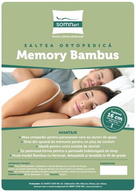 Saltea cu memorie 3D Somnart Memory Bambus 140x200, înălțime 16 cm, husă cu bambus lavabilă și detașabilă cu fermoar, mânere, fermitate medie