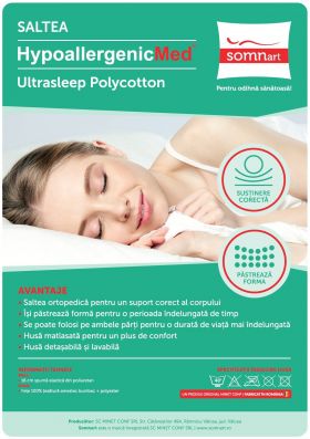 Saltea cu spumă poliuretanică HypoallergenicMed PolyCotton 90x200, hipoalergenică, husă lavabilă și detașabilă cu fermoar, fermitate medie