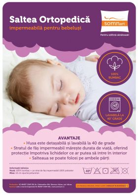 Saltea cu spumă poliuretanică Somnart Ortopedică 60x120, înălțime 10 cm, pentru bebeluși și copii, husă impermeabilă, fermitate medie, model aviator