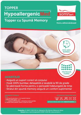 Topper cu memorie, husa bumbac, detasabila, spalare la 90°C, HypoallergenicMed Somnart, 140x200 cm