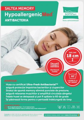 Saltea cu memorie Somnart Memory HypoallergenicMed Antibacteria 160x200, înălțime 18 cm, antibacterii, husă 3D detașabilă, fermitate medie