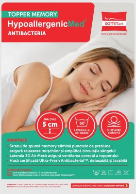 Topper cu memorie 140x200, HypoallergenicMed Antibacteria, H 3+2cm, husa detasabila, lavabila si certificata Ultra-Fresh Antibacterial™