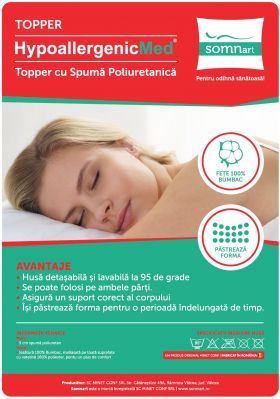 Topper HypoallergenicMed Somnart, cu husa bumbac 100%, detasabila, spalare la 90°C, 90x200 cm