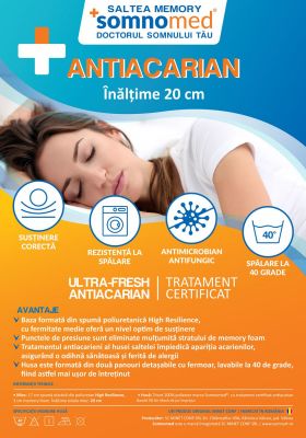 Saltea cu memorie Somnomed Antiacaria 180x200, înălțime 20 cm, pentru alergici, husă cu tratament antiacarian, rulată, fermitate medie