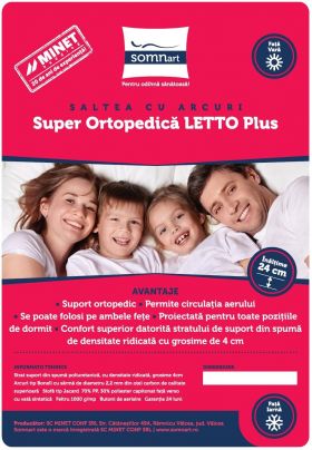 Saltea cu arcuri SomnART LETTO Plus 180x200, înălțime 24 cm, ortopedică, husă matlasată, duritate tare