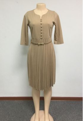 Rochie de o singura culoare cu fusta plisata bej L