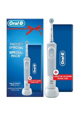 Set Periuta de dinti electrica adulti + Travel Case Oral B Vitality D100 Sensi Ultra Thin - 1 capat - Alb