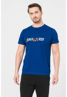 Tricou din jerseu cu decolteu la baza gatului si imprimeu logo