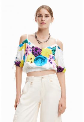 Bluza crop cu decolteu pe umeri